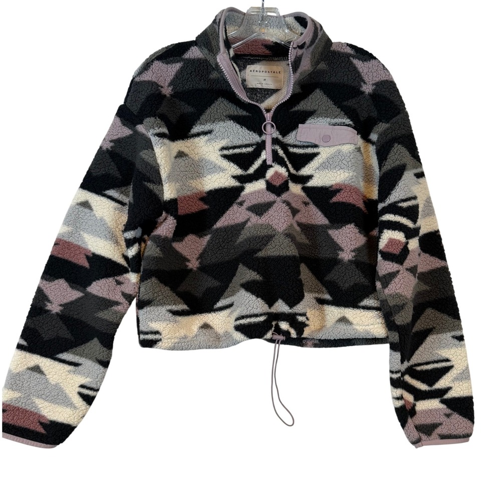 Aeropostale Women •M• Layering Geometric Southwestern Sherpa Quarter Zip Crop